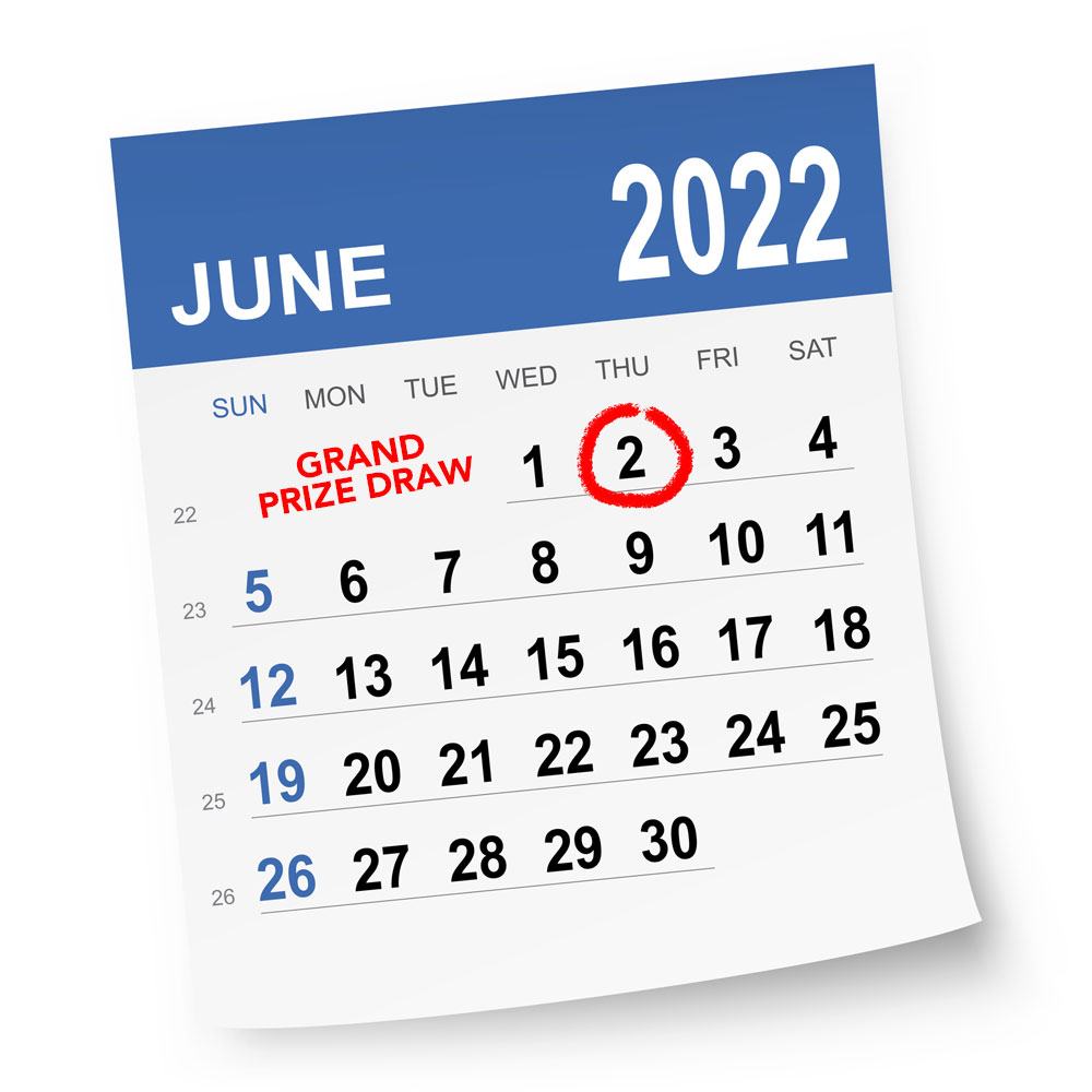 June 2022 calendar page with June 2, 2022 circled. This is the Grand Prize Draw date.
